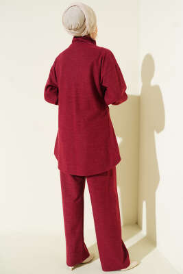 Dikişli Yarım Fermuarlı Kaşe İkili Takım Bordo - İkili Takım