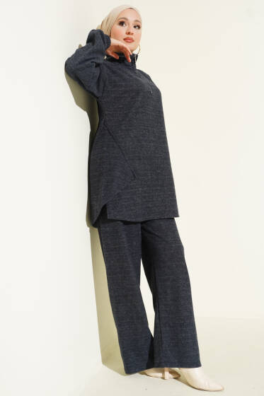 Dikişli Yarım Fermuarlı Kaşe İkili Takım Füme - İkili Takım