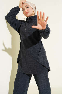 Dikişli Yarım Fermuarlı Kaşe İkili Takım Füme - İkili Takım