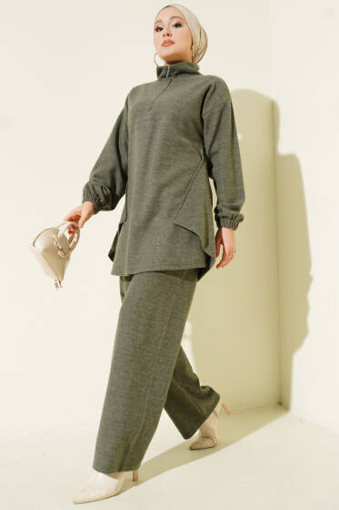 Dikişli Yarım Fermuarlı Kaşe İkili Takım Haki - İkili Takım