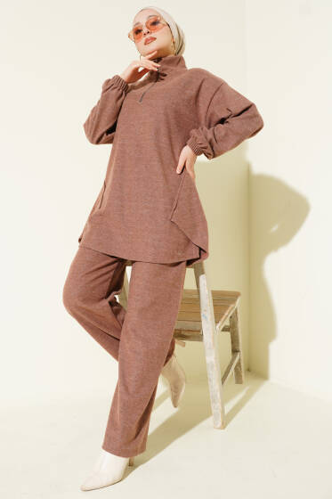 Dikişli Yarım Fermuarlı Kaşe İkili Takım Kahve - İkili Takım