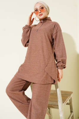 Dikişli Yarım Fermuarlı Kaşe İkili Takım Kahve - İkili Takım