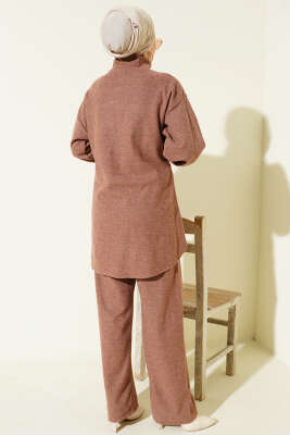 Dikişli Yarım Fermuarlı Kaşe İkili Takım Kahve - İkili Takım