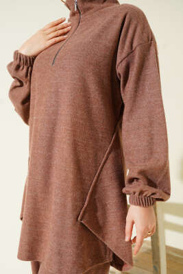 Dikişli Yarım Fermuarlı Kaşe İkili Takım Kahve - İkili Takım