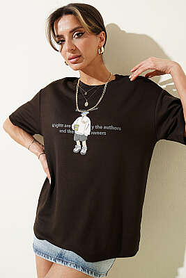 Disclaimer Baskılı T-shirt Kahve - Kadın Giyim Modelleri