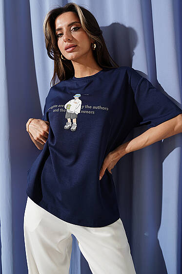 Disclaimer Baskılı T-shirt Lacivert - Kadın Giyim Modelleri