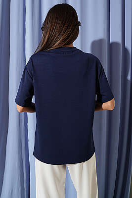 Disclaimer Baskılı T-shirt Lacivert - Kadın Giyim Modelleri