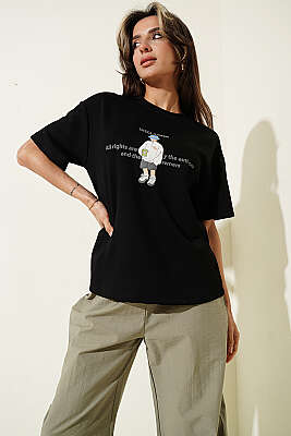 Disclaimer Baskılı T-shirt Siyah - Kadın Giyim Modelleri