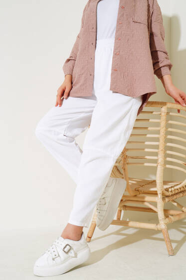 Diz Parçalı Gabardin Pantolon Beyaz - Pantolon