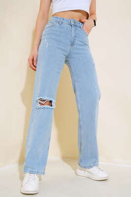 Dizi Lazerli Kot Pantolon Açık Mavi - Kadın Giyim Modelleri