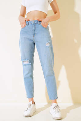 Dizi Yırtık Kot Pantolon Mavi - Kadın Giyim Modelleri