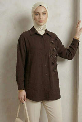 Dokulu Krep Çiçekli Gömlek Acı Kahve - DESTİNA