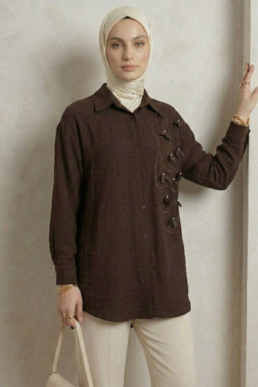 Dokulu Krep Çiçekli Gömlek Acı Kahve - Gömlek