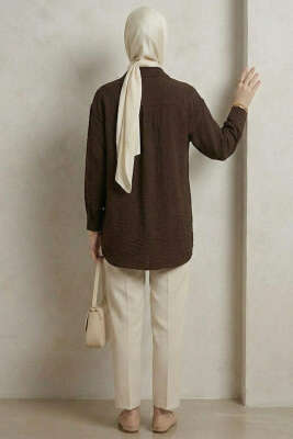 Dokulu Krep Çiçekli Gömlek Acı Kahve - Gömlek