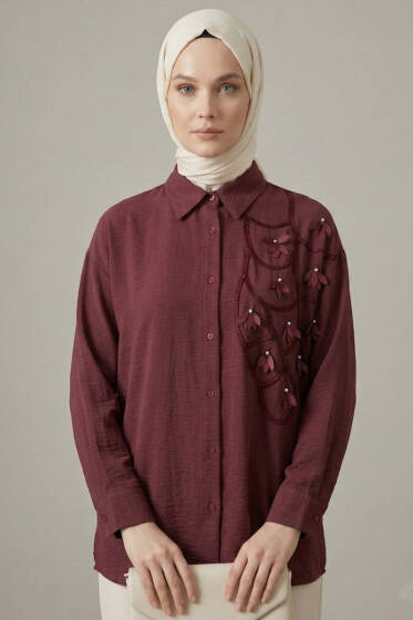 Dokulu Krep Çiçekli Gömlek Bordo - Gömlek