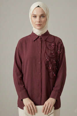Dokulu Krep Çiçekli Gömlek Bordo - DESTİNA