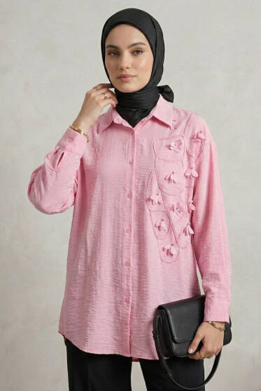 Dokulu Krep Çiçekli Gömlek Pembe - Gömlek