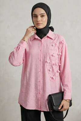 Dokulu Krep Çiçekli Gömlek Pembe - DESTİNA