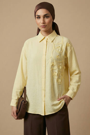 Dokulu Krep Çiçekli Gömlek Sarı - Gömlek