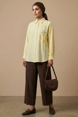 Dokulu Krep Çiçekli Gömlek Sarı - DESTİNA