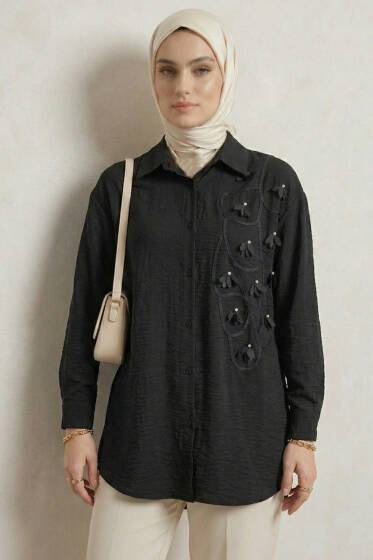 Dokulu Krep Çiçekli Gömlek Siyah - Gömlek