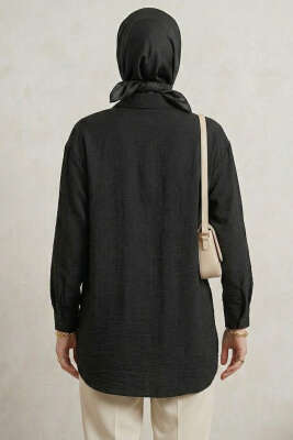 Dokulu Krep Çiçekli Gömlek Siyah - Gömlek