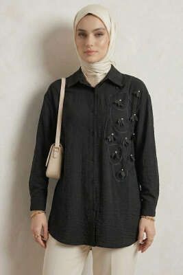 Dokulu Krep Çiçekli Gömlek Siyah - DESTİNA