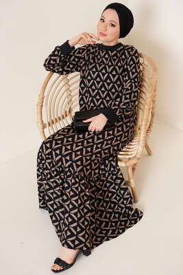 Dokuma Desenli Ribanalı Elbise Camel 