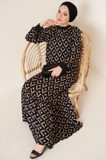 Dokuma Desenli Ribanalı Elbise Camel - Tesettür Elbise