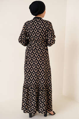 Dokuma Desenli Ribanalı Elbise Camel - Tesettür Elbise