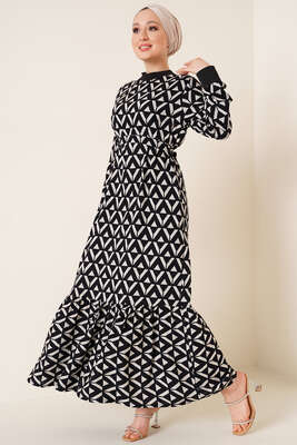 Dokuma Desenli Ribanalı Elbise Siyah 