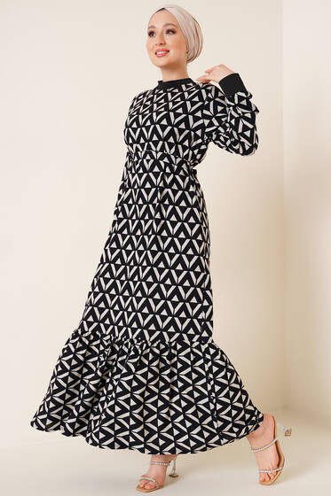 Dokuma Desenli Ribanalı Elbise Siyah - Tesettür Elbise
