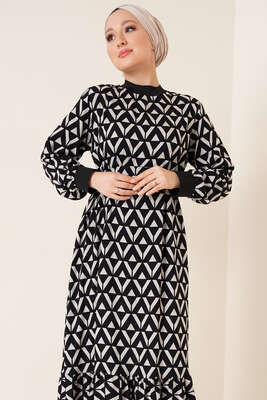 Dokuma Desenli Ribanalı Elbise Siyah - Tesettür Elbise