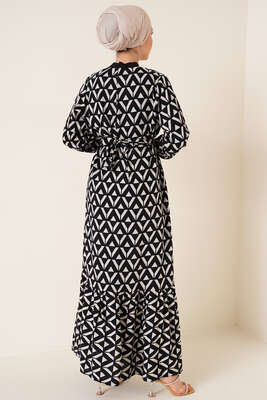 Dokuma Desenli Ribanalı Elbise Siyah - Tesettür Elbise