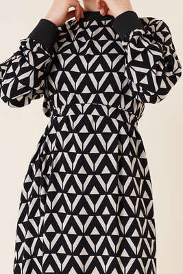 Dokuma Desenli Ribanalı Elbise Siyah - Tesettür Elbise