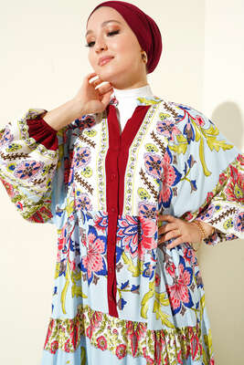 Dokuma Kloş Elbise Bordo - Tesettür Elbise