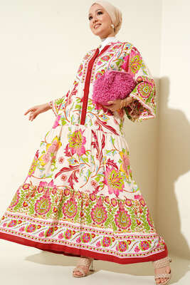 Dokuma Kloş Elbise Kiremit 