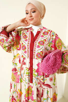 Dokuma Kloş Elbise Kiremit - Tesettür Elbise