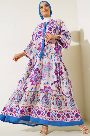 Dokuma Kloş Elbise Mavi - Tesettür Elbise