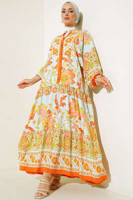 Dokuma Kloş Elbise Oranj - NEVA MODA