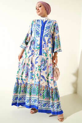 Dokuma Kloş Elbise Saks - NEVA MODA