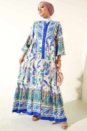 Dokuma Kloş Elbise Saks - Tesettür Elbise