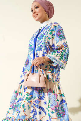 Dokuma Kloş Elbise Saks - Tesettür Elbise