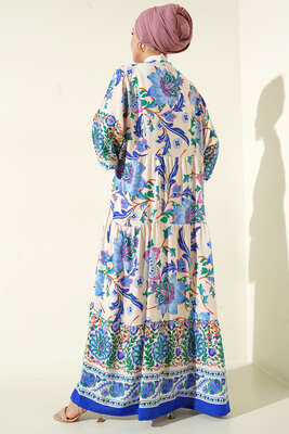 Dokuma Kloş Elbise Saks - Tesettür Elbise