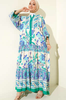 Dokuma Kloş Elbise Yeşil - Tesettür Elbise