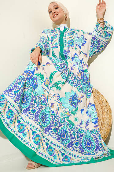 Dokuma Kloş Elbise Yeşil - Tesettür Elbise