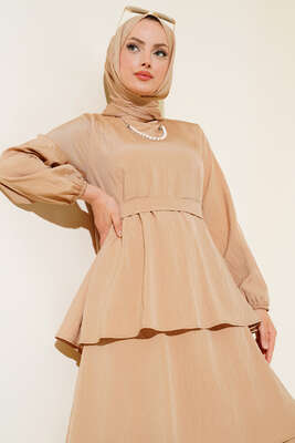 Dökümlü Kat Kat Elbise Latte - Tesettür Elbise