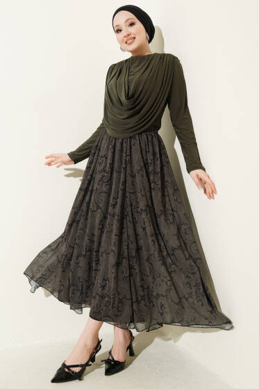 Dökümlü Yaka Desenli Etekli İkili Takım Haki - İkili Takım