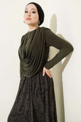 Dökümlü Yaka Desenli Etekli İkili Takım Haki - İkili Takım