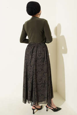 Dökümlü Yaka Desenli Etekli İkili Takım Haki - İkili Takım